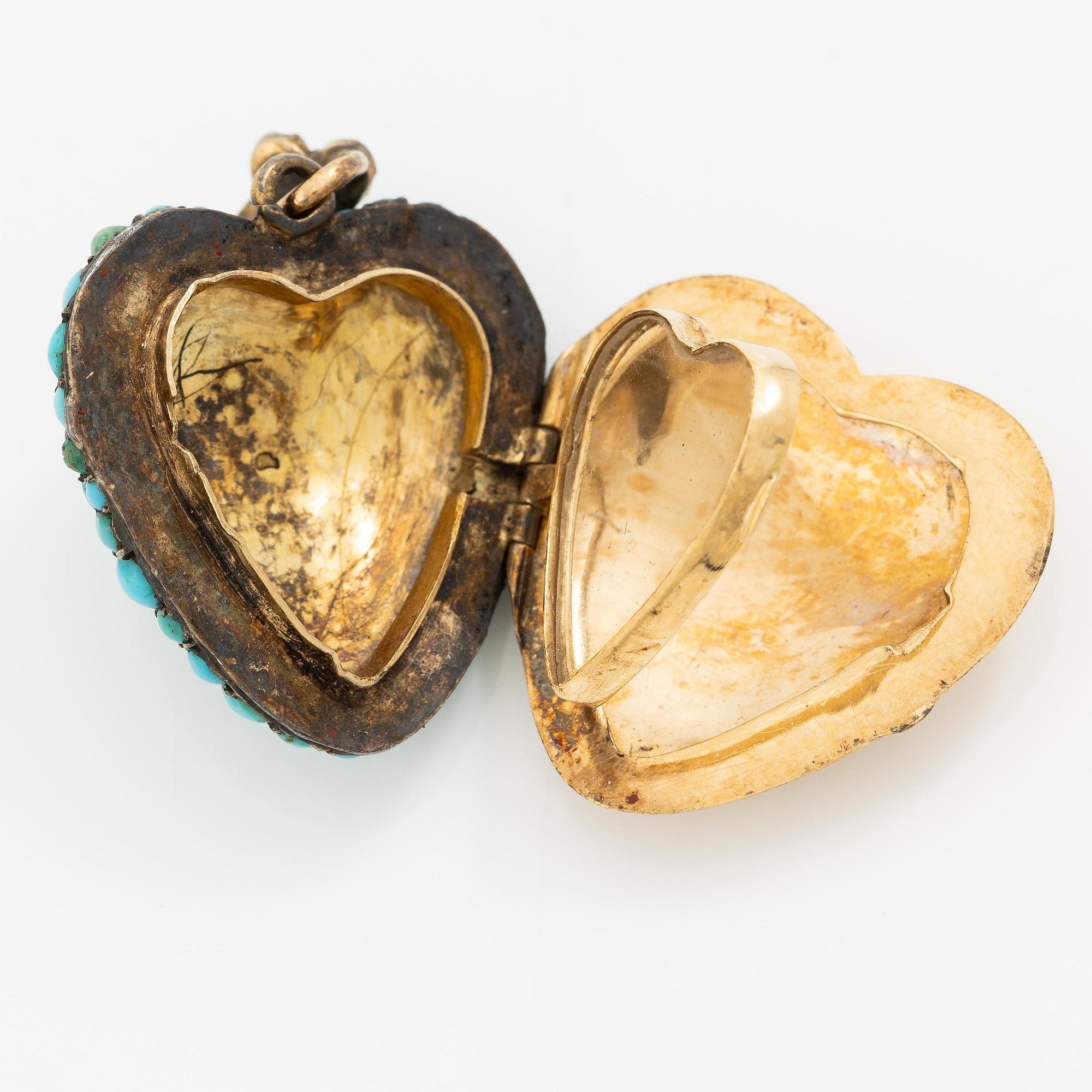 Häng/medaljong 18K guld med turkos och rosenslipade diamanter, 1800-tal.