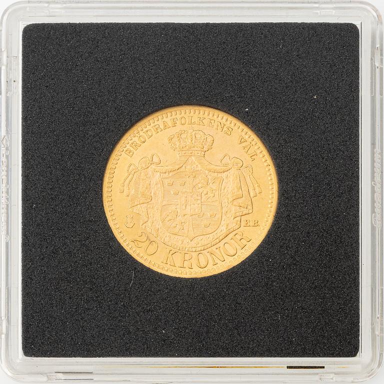 Guldmynt, Oscar II, 20 kronor, typ III, Sverige 1881.