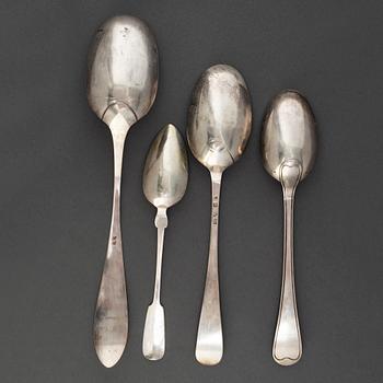 Four serving spoons and totally nine tablespoons, silver,  18th and 20th Century.