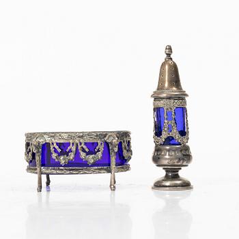 A silver salt cellar and a pepper shaker, Louis XVI style, Swedish import marks.