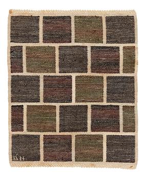 Barbro Nilsson, a textile, "Kvadrater på linne, mörk", flat weave, ca 48-49 x 39-40 cm, signed BN.