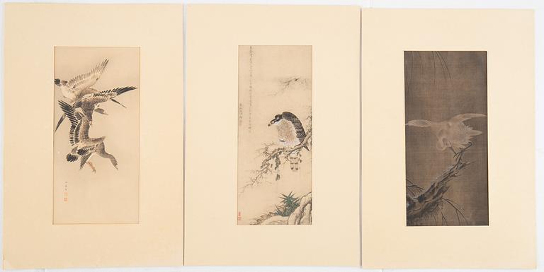 Akvareller på papper, tre stycken, Japan, 1900-tal.