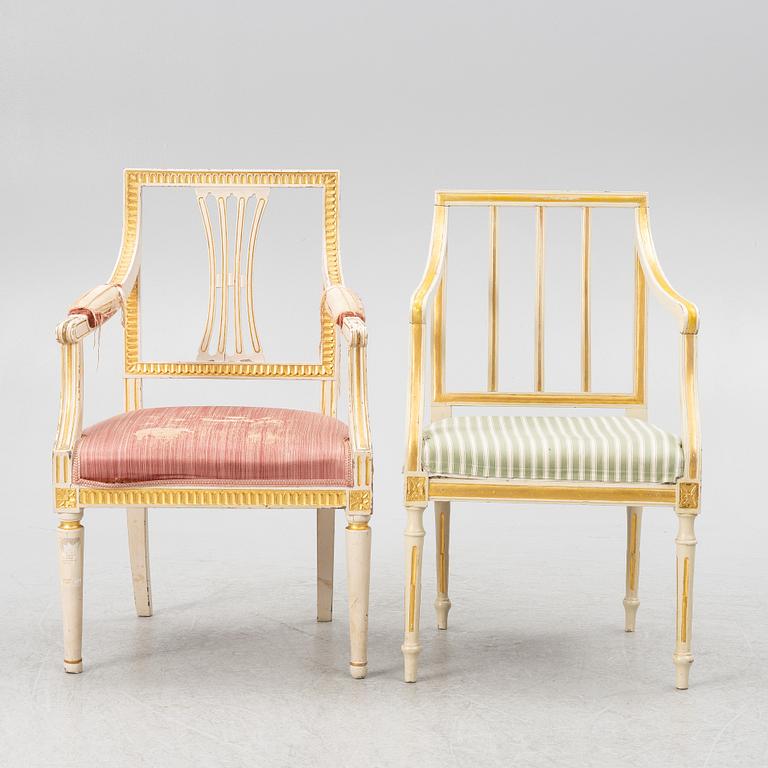 Karmstolar, 2+1 st, sengustavianska, omkring år 1800.