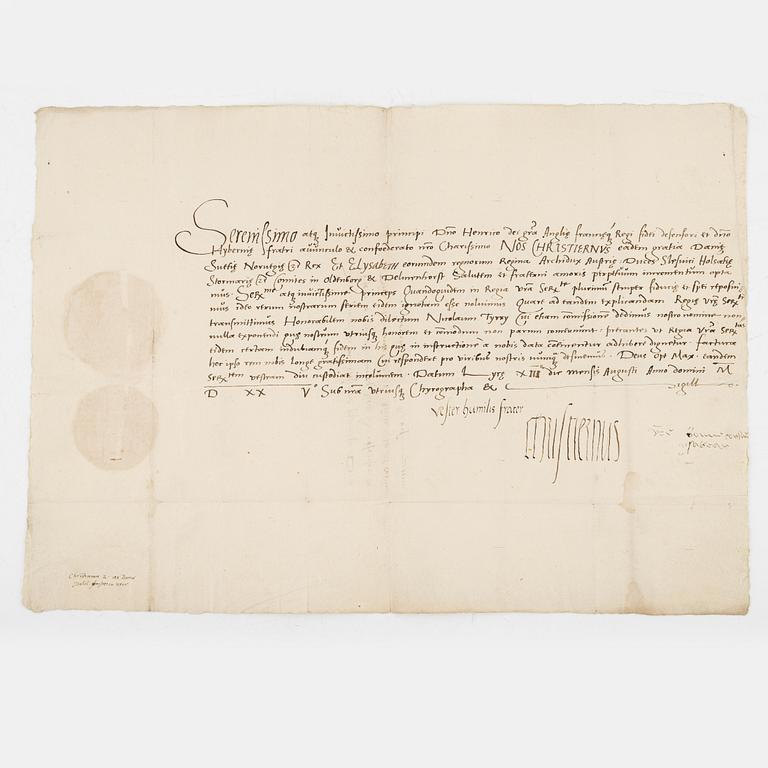 Originalbrev från Kristian Tyrann till Henrik VIII av England.
