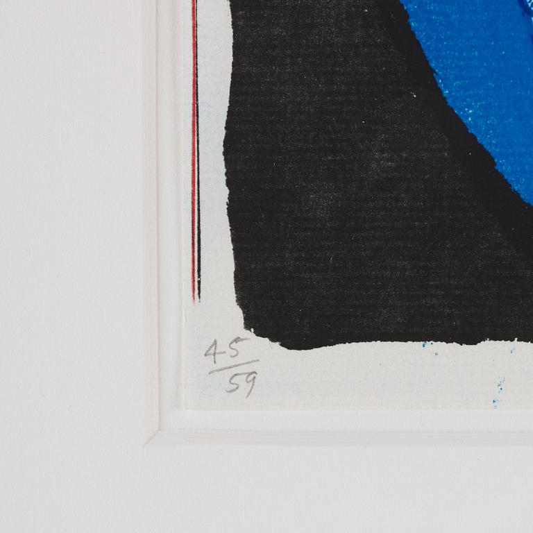 David Hockney, "Flowers, apple and pear on table".