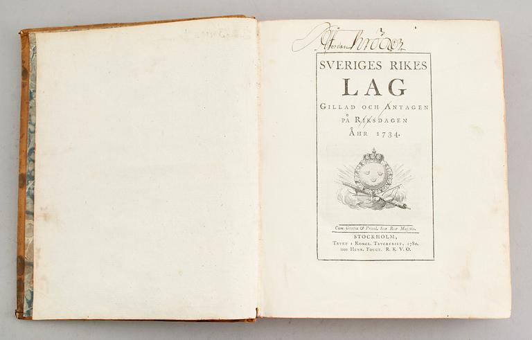 BOK: Sveriges Rikes Lag, tryckt hos Kongl Tryckeriet 1780 hos Henr Fougt.