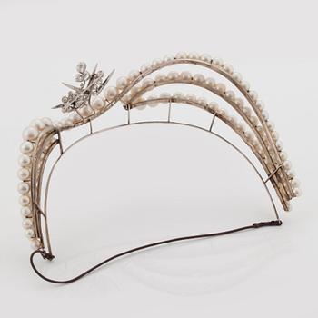 A TIARA with cultured pearls and a detachable brooch set with old-cut diamonds.