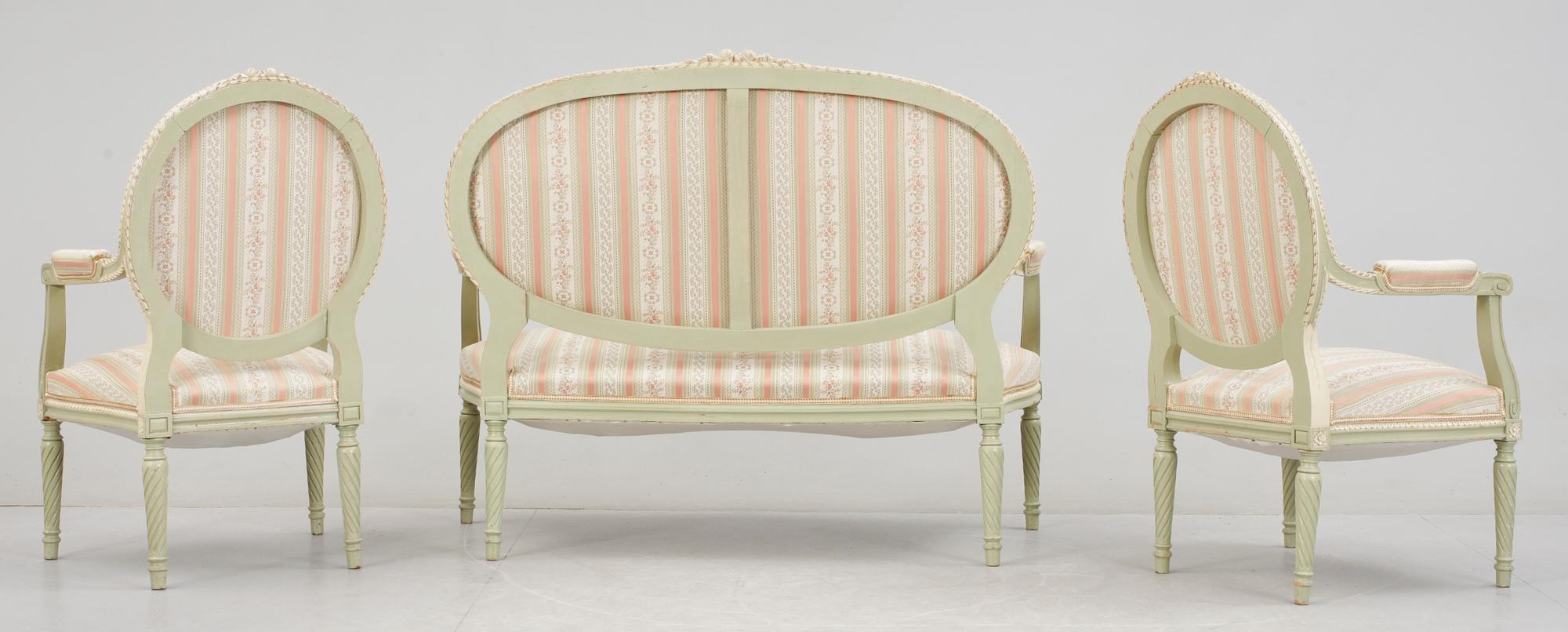 SALONGSGRUPP, 7 delar, Louis XVI-stil, 1900-tal.
