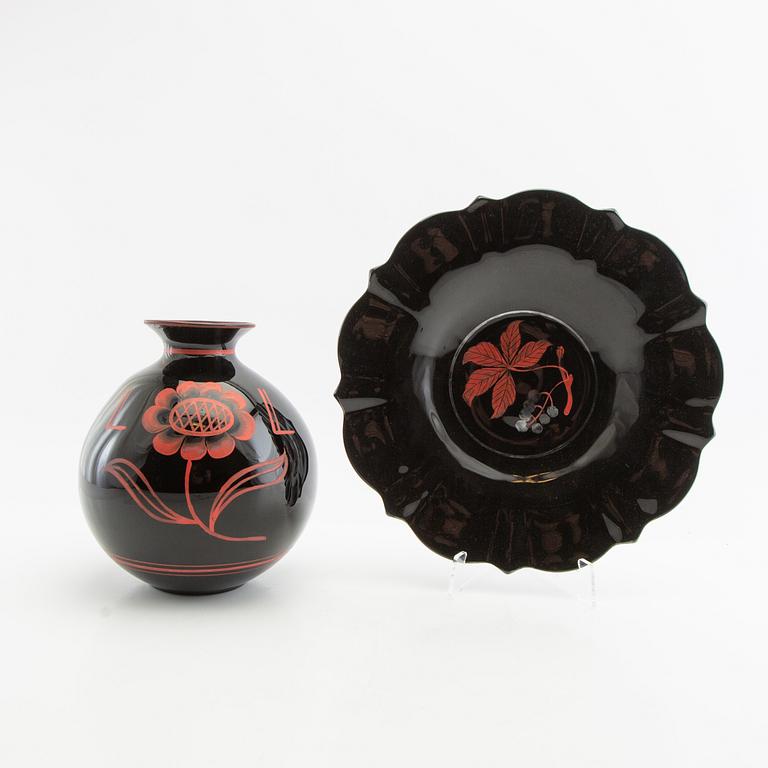 Vase and bowl Åfors 1930s/40s painted glass.