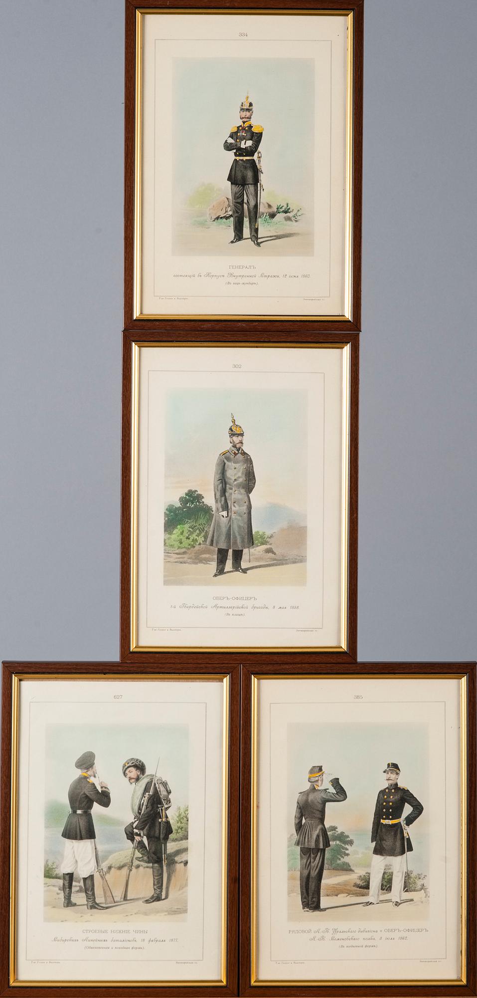 LITOGRAFIER, 7 st, handkolorerade, Ryssland 1800-talets slut.