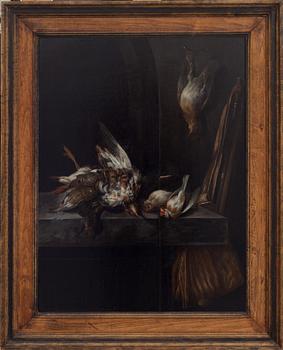 Jan Vonck Circle of, Still life with hunting rifle and birds.