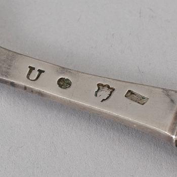 A Swedish 18th century siver sauce ladle and three forks, unidentified makers mark, Stockholm 1778.