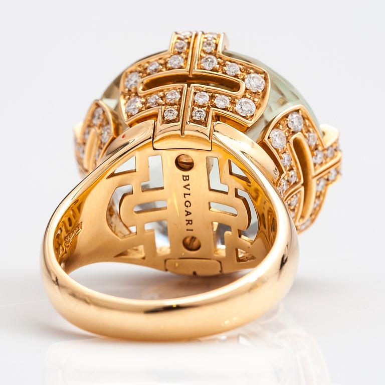 BULGARI, An 18K gold ring "Parentesi" with a green quartz and ca. 0.70 ct of  brilliant cut diamonds in total.