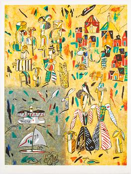 Madeleine Pyk, a colour lithograph, signed EA.