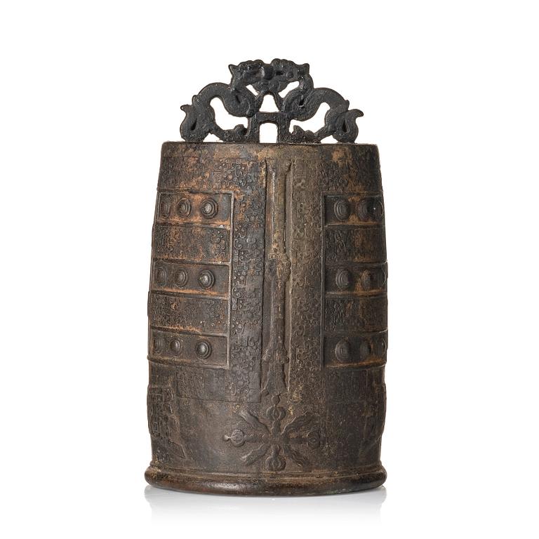 A bronze temple bell with suspension loop (Bo) and coiled and interlaced Dragons, Ming dynasty or older.