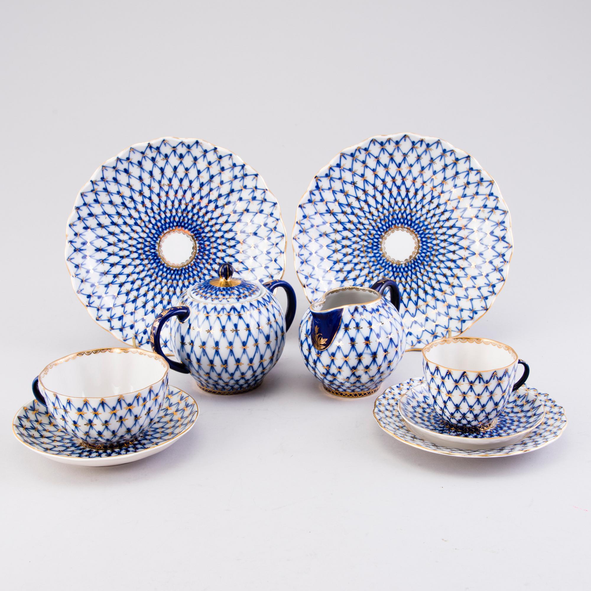 A 34-piece 'Cobalt Net' porcelain set for coffee and tea, Lomonosov, Soviet Union.