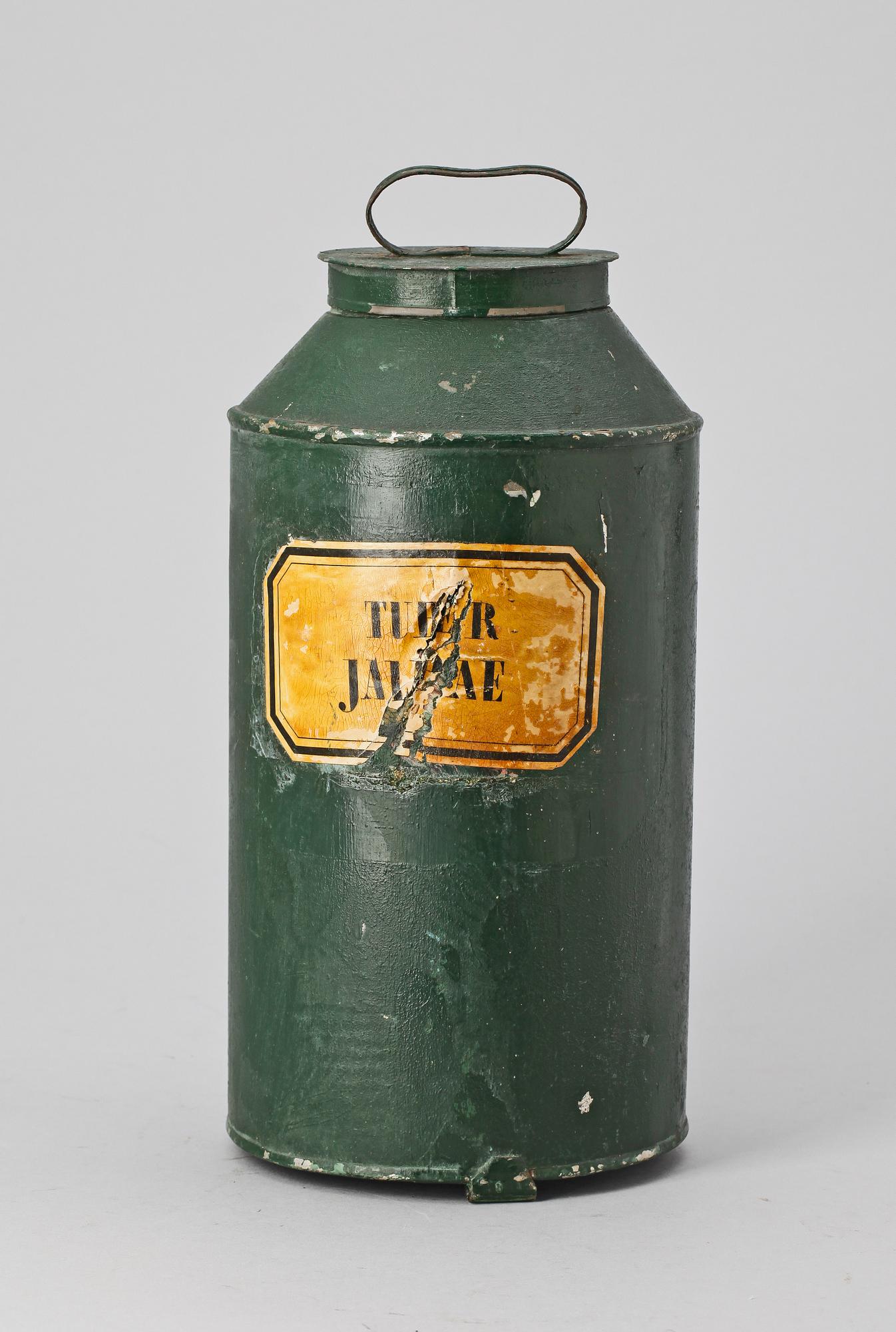 APOTEKSBURK, med lock, zink, "Tuber Jalapae". 1900-tal.