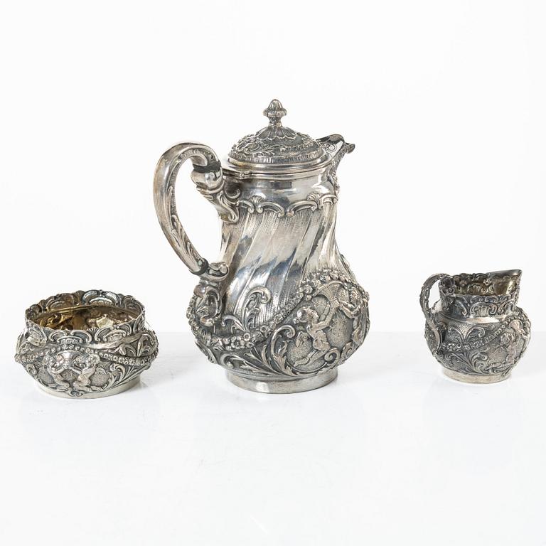 Coffee service, four pieces, silver, Rococo style, 20th century.