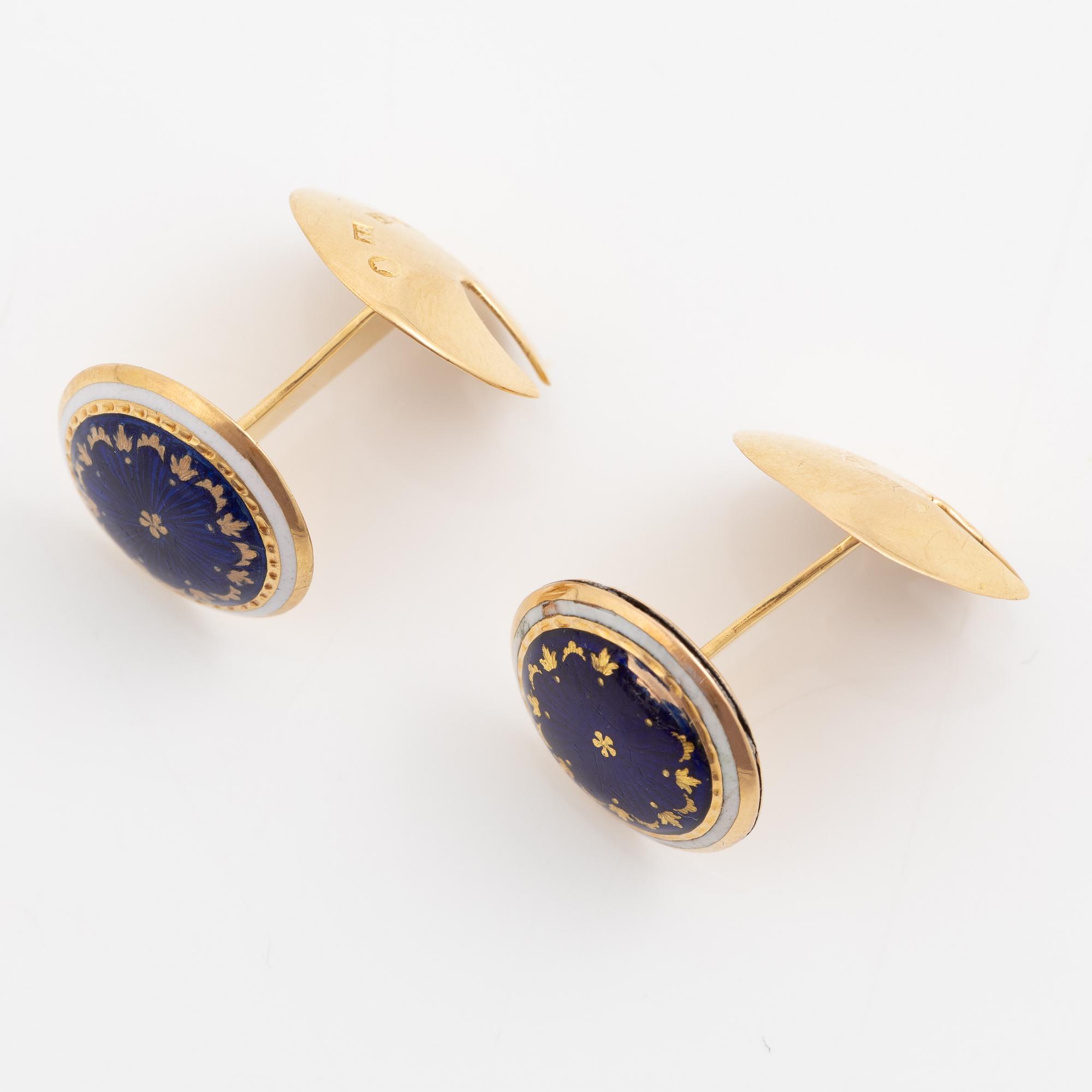Manschettknappar, ett par, 18K guld med emalj, 1800-tal.