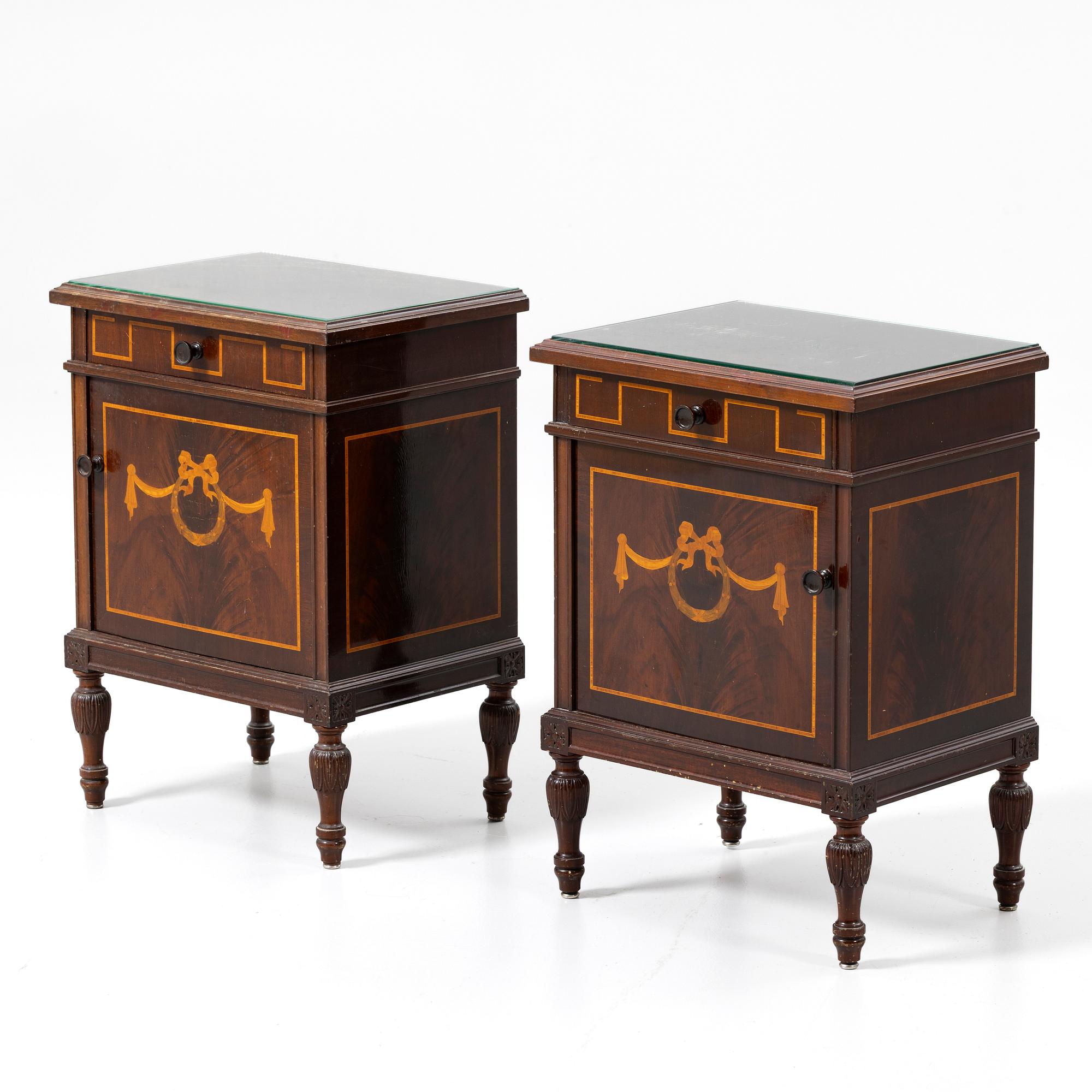 Bedside tables, a pair, first half of the 20th century.