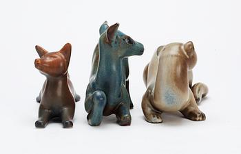 Three Gunnar Nylund stoneware figures, a deer, a fox and a ferret,