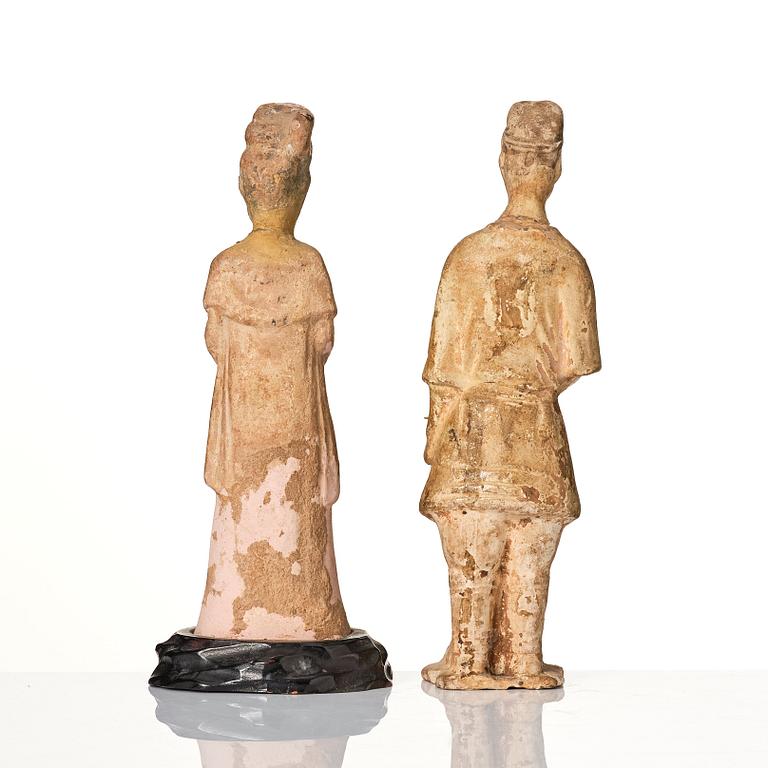 Two yellow glazed pottery figures, Tang/Sui dynasty.