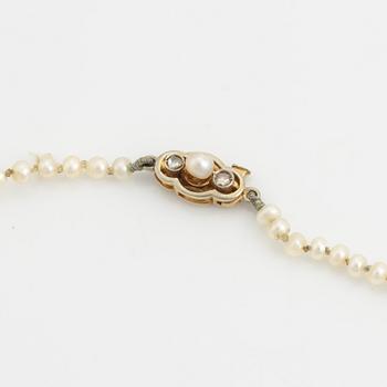Calibrated pearl necklace, clasp 18K gold with pearl and rose cut diamonds.