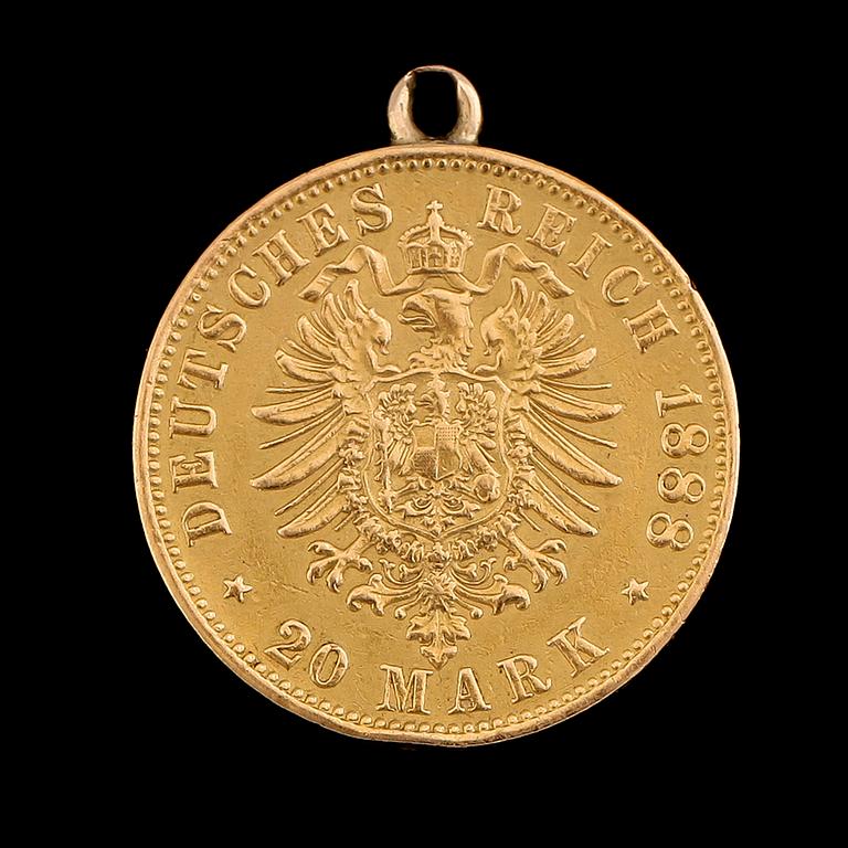 GULDMYNT, 20 mark, Kaiser Friedrich, Tyskland, 1888. Vikt ca 8 g.