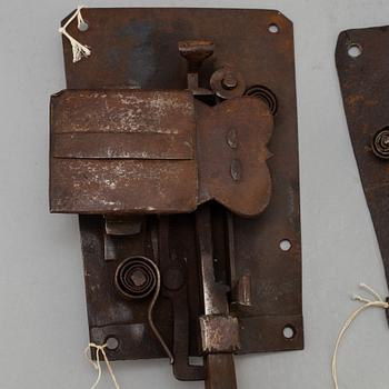 Two iron door locks with keys, 18th or early 19th century.