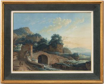 Jacob Philipp Hackert, tillskriven, A mountain landscape with a bridge over a river in the foreground.
