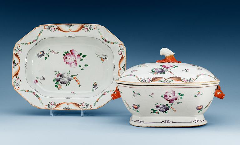 A famille rose tureen with cover and stand, Qing dynasty, Qianlong (1736-95).