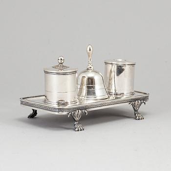 A Swedish 18th century silver writing-set, mark of Gustaf Åkerman, Stockholm 1824. Table bell marked PZ, Sthlm 1796.