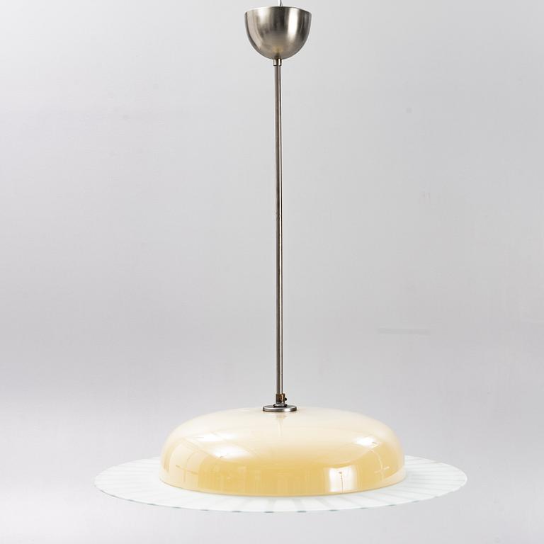 A glass and metal ceiling light, ca 1930's.