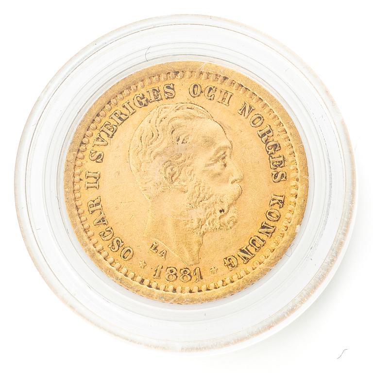 Guldmynt, Sverige, Oskar II, 5 kronor, 1881.