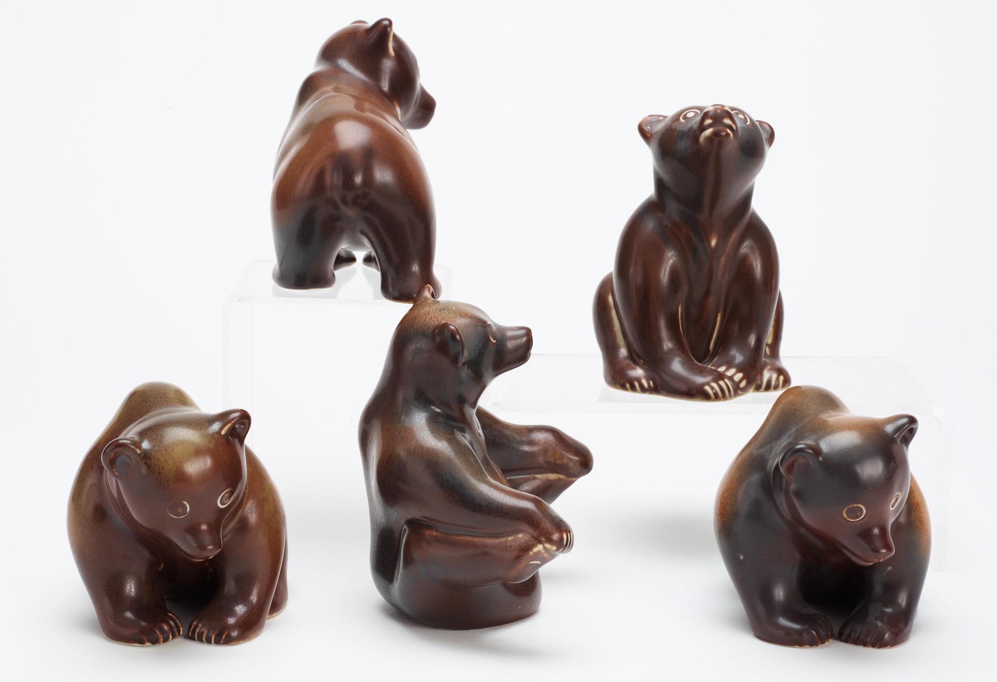 Five Gunnar Nylund stoneware figures of bears, Rörstrand.