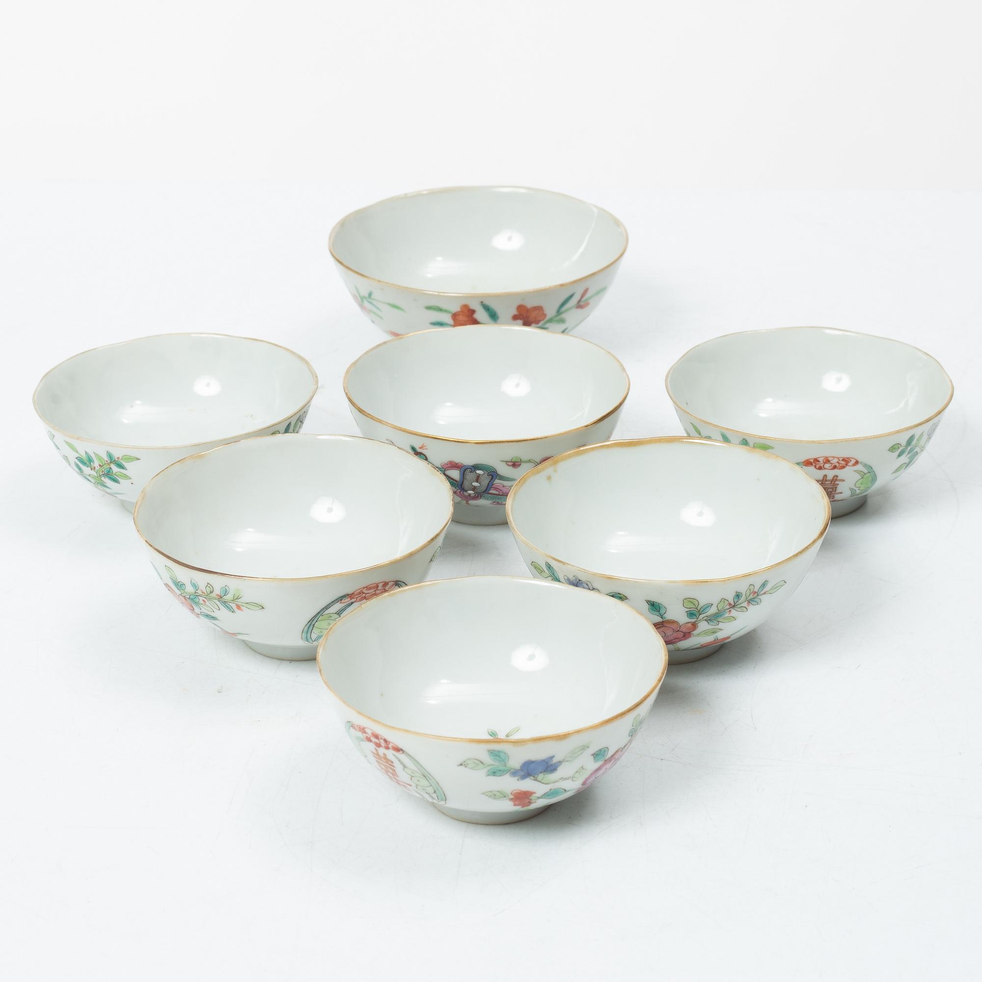 Skålar, sju stycken, porslin. Sen Qingdynasti, omkring 1900.