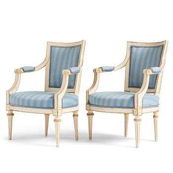 56. A pair of gustavian armchairs by Johan Lindgren (master 1770-1800).