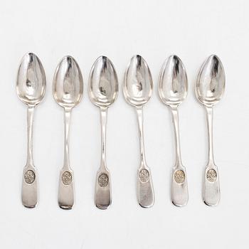 Six silver spoons with coat of arms, Saint Petersburg 1866. Unidentified maker's mark.