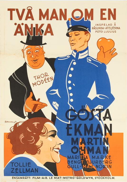 Eric Rohman, lithographic movie poster, 'Två man om en änka', A.-B. Offsettryck, Stockholm, 1933.