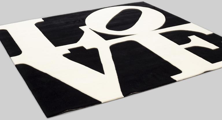 Robert Indiana, matta, "White on Black", Chosen Love, handtuftad 1995, ca 243 x 247,5 cm.