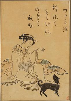 Suzuki Harunobu (1724/25-70), after, a colour woodblock print, Japan, late 19th/early 20th century.