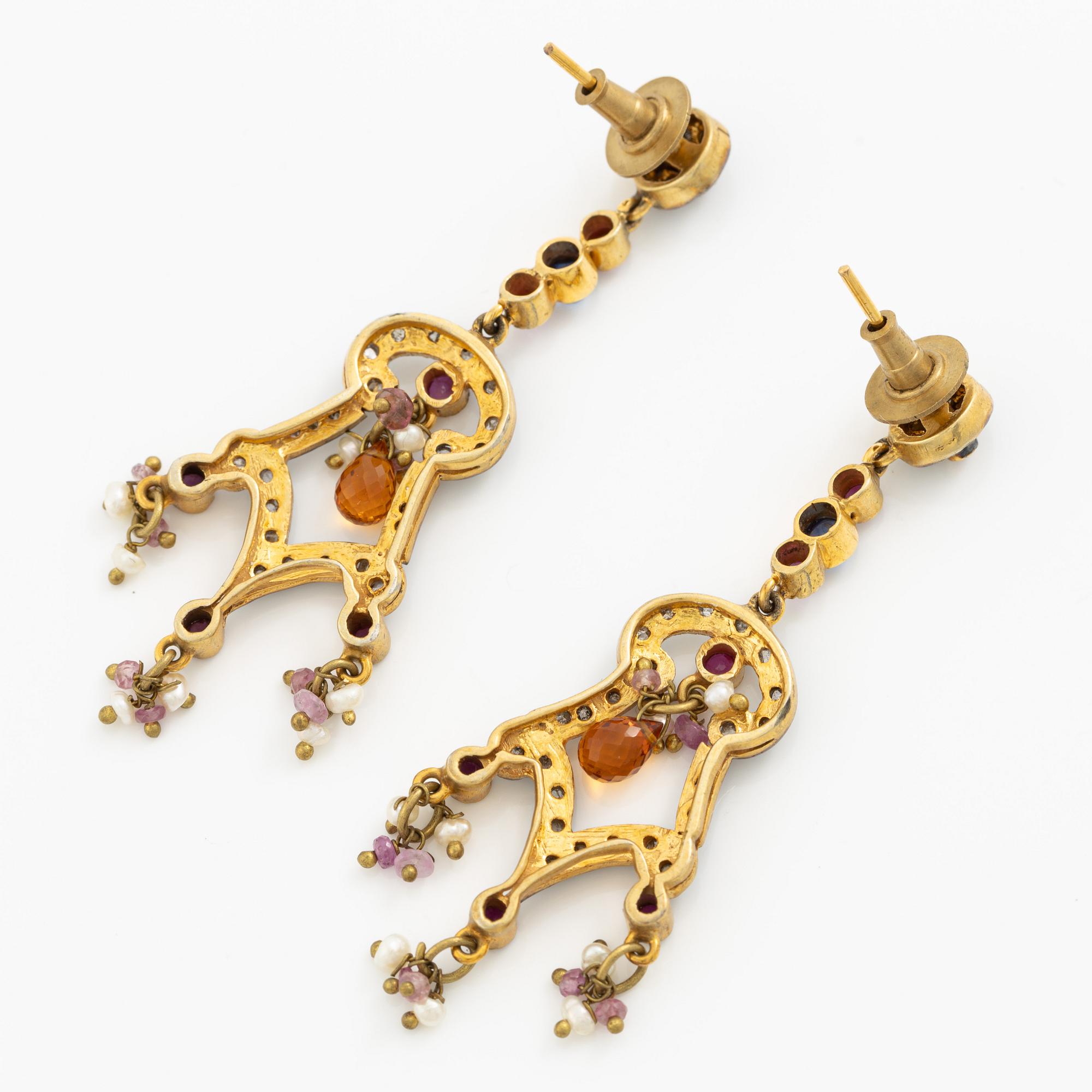 Earrings, a pair, gilded silver set with rubies, sapphires, citrine, seed pearls, and rose-cut diamonds.