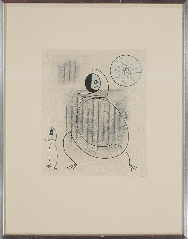 MAX ERNST, färgetsning med collage signerad med blyerts 23/100. Utförd 1975.