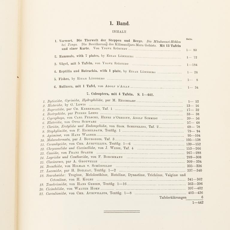 Yngve Sjöstedt, Zoologische Kilimandjaro-Meru Expedition 1905-1906, 3 volumes, P.Palmqvists Aktiebolag Stockholm, 1910.