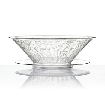 Edward Hald, an engraved glass bowl with plate, Orrefors, Sweden, 1926, model 305, engraved by Emil Goldmann.