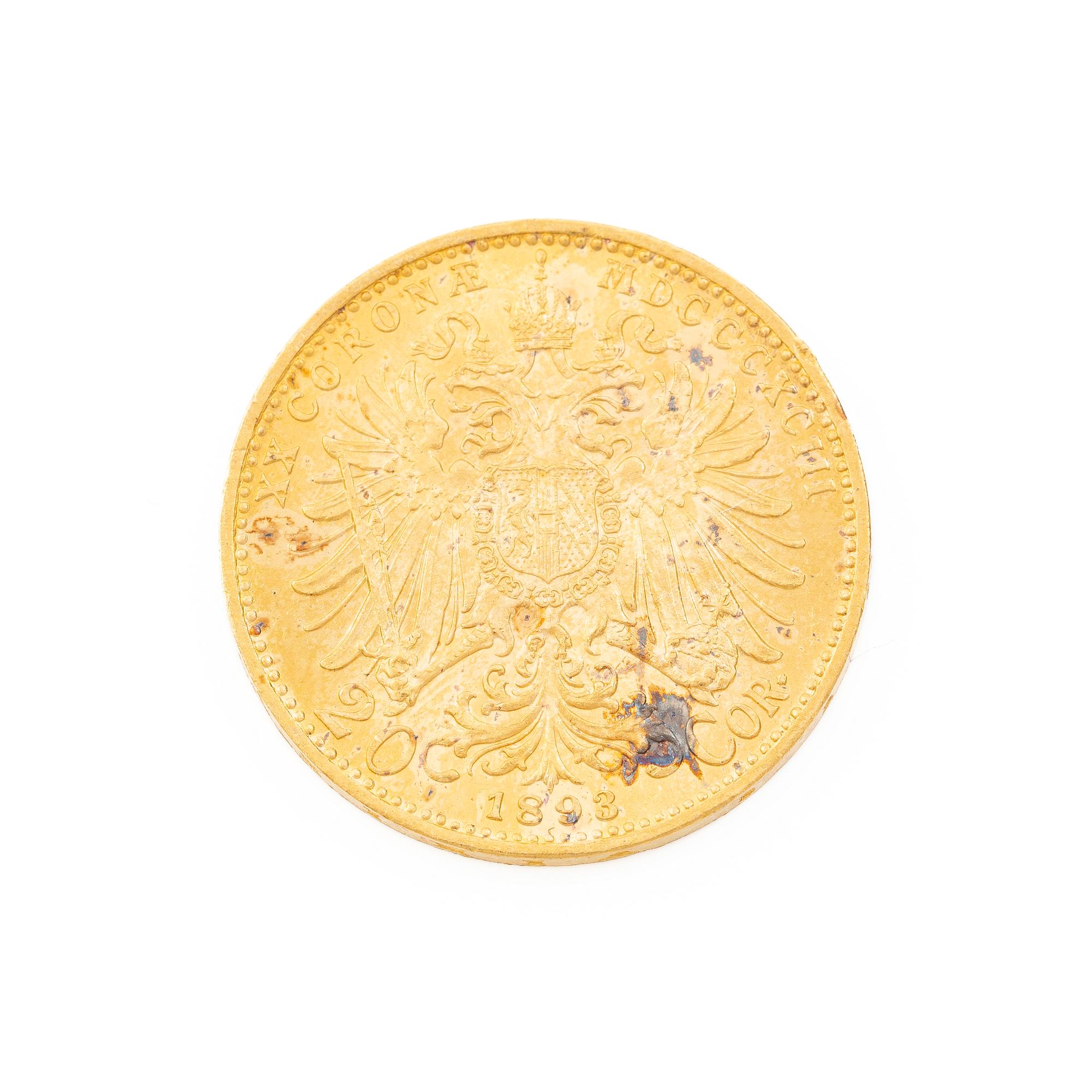Gold coin, Austria-Hungary, 20 Corona, 1893.