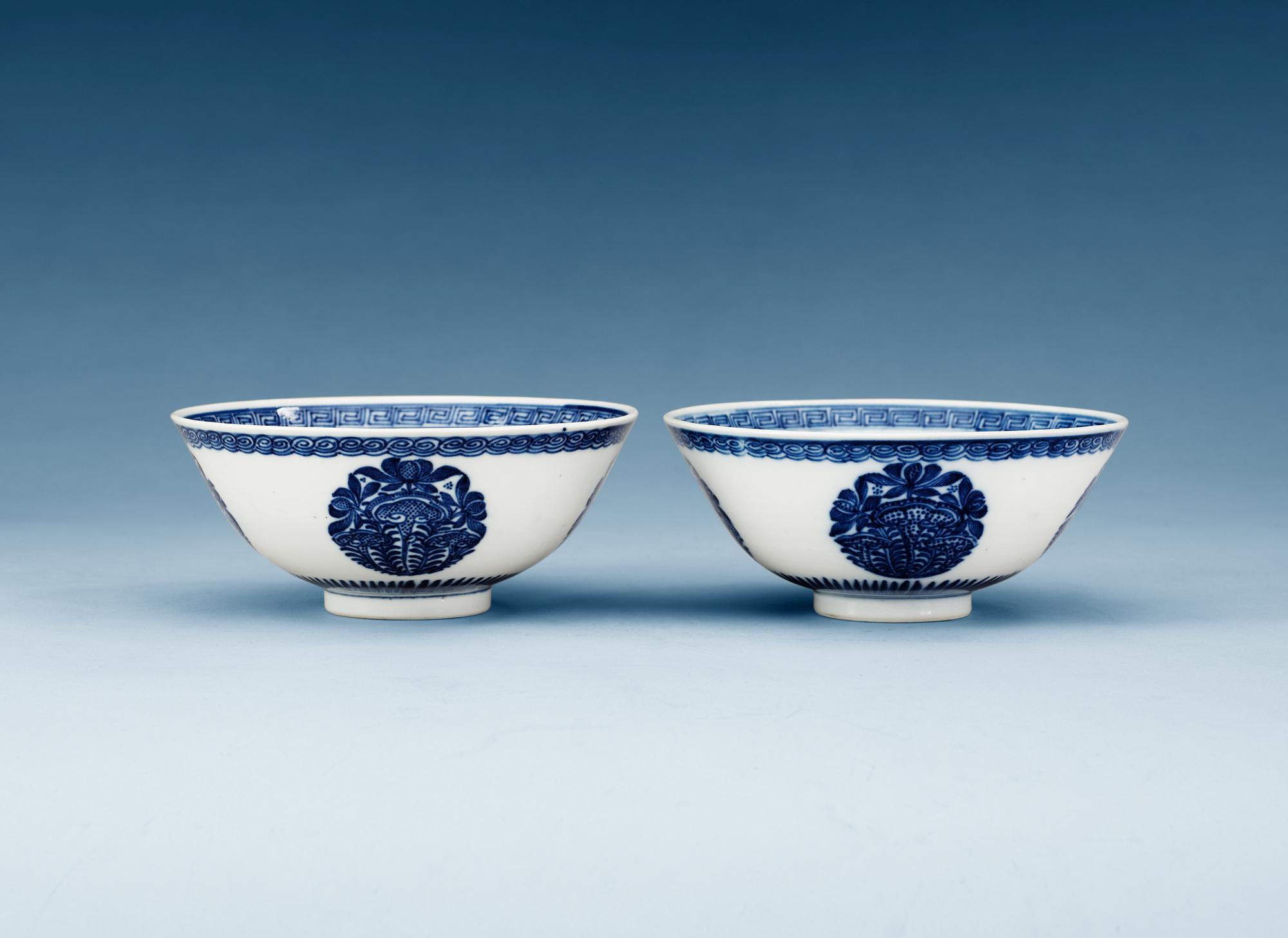 A pair of blue and white bowls, Qing dynasty, Yongzheng (1723-35), with Xuande four character mark.