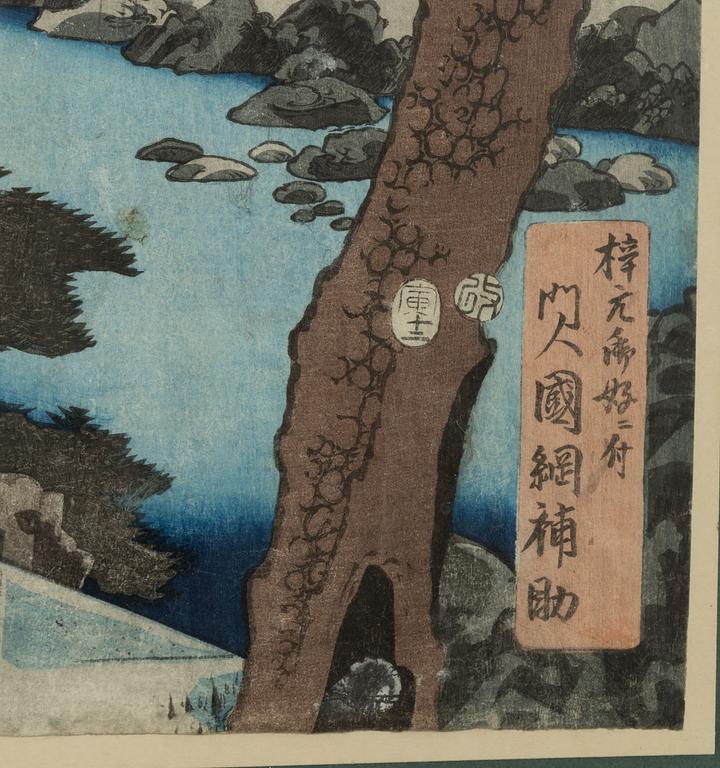 Utagawa Kunisada och Utagawa Kuniyoshi, träsnitt (triptyk resp diptyk).