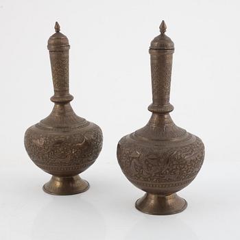 A pair of brass flasks with covers, marked with Prince Oscar Carl August Bernadotte, 1880s.