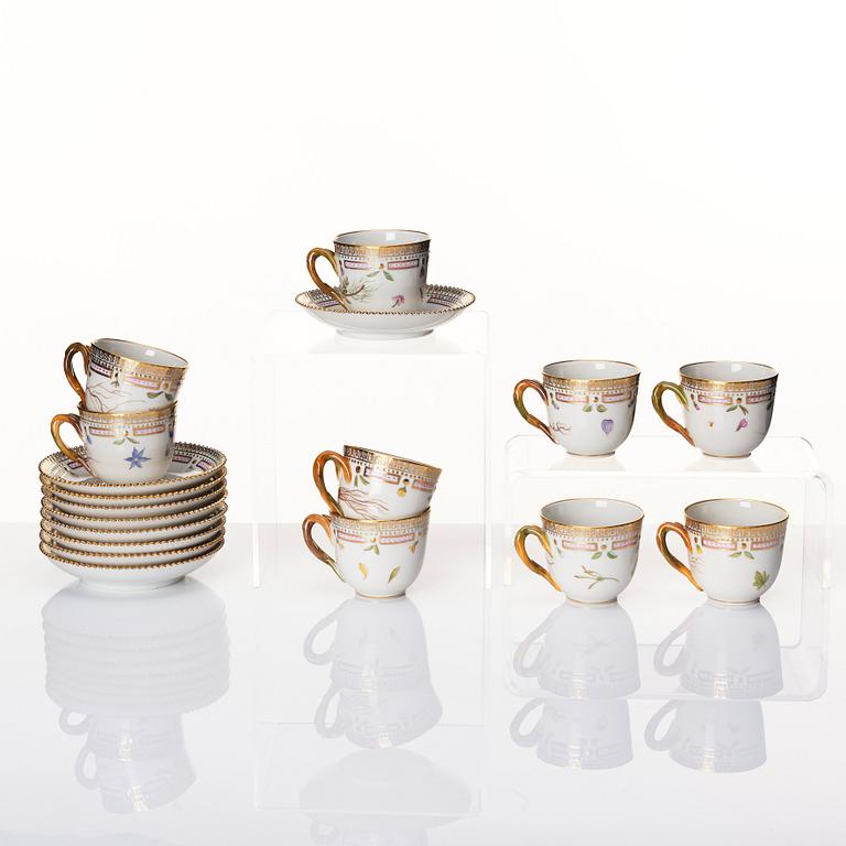 A set of nine Royal Copenhagen 'Flora Danica' coffee cups with stands, Denmark, 20th Century.